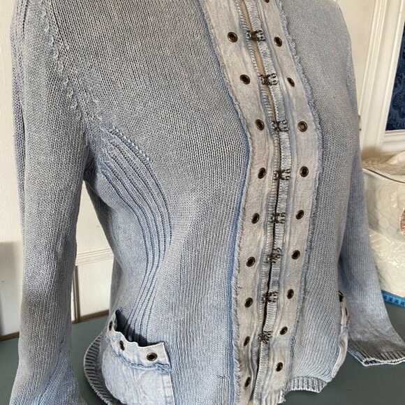 Military style knit cardigan with denim accents - Medium - Sgt. Pepper - Picture 3 of 14